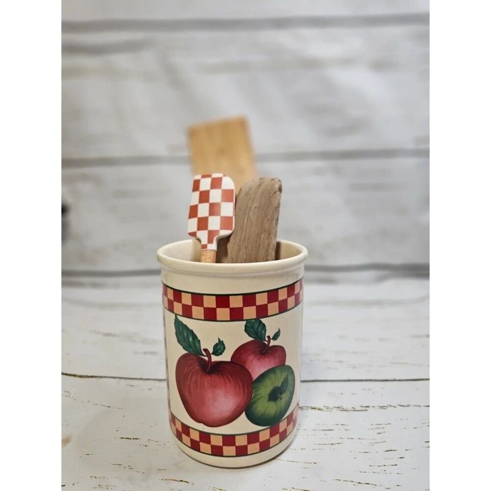 Vintage Apple Utensil Crock – Red Checker Country Kitchen Decor
